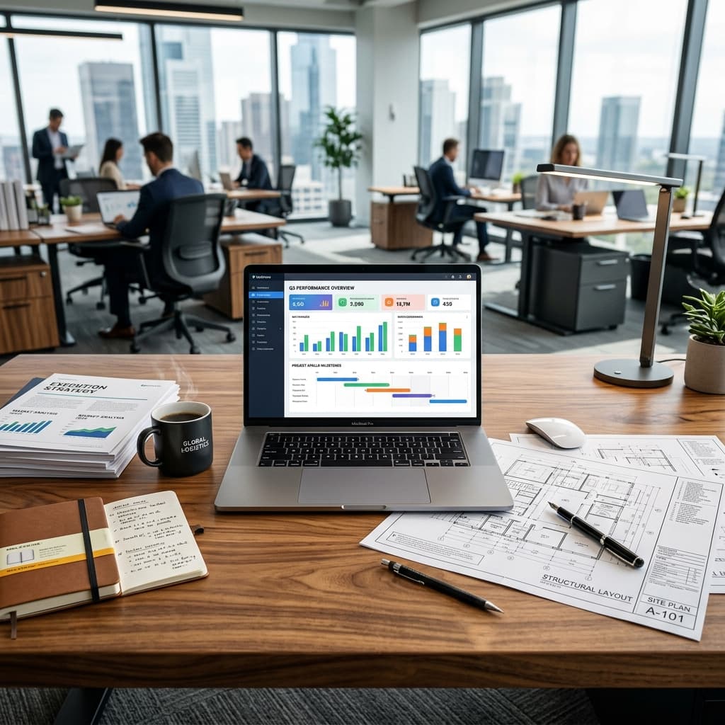 Laptop com gráficos de resultados em um escritório moderno