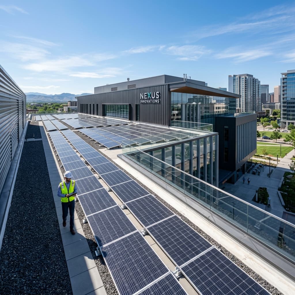 Painéis solares em um edifício corporativo moderno